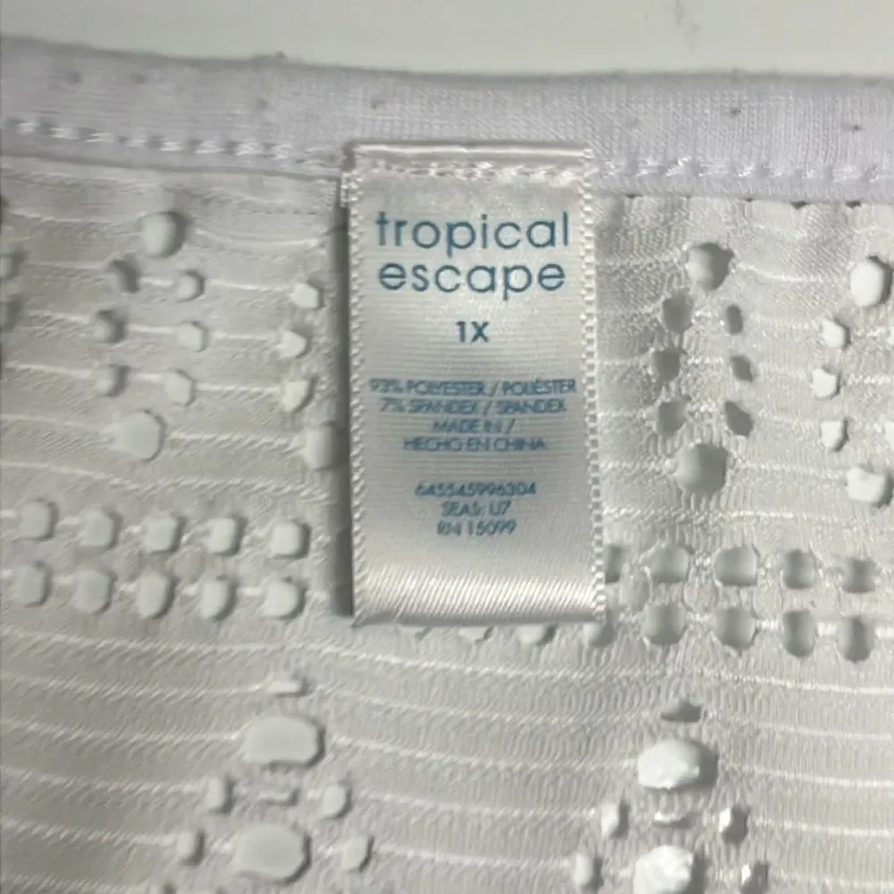 Tropical Escape White Eyelet Swim Plunging V-Neck Coverup w/Shirt Sleeves- 1X